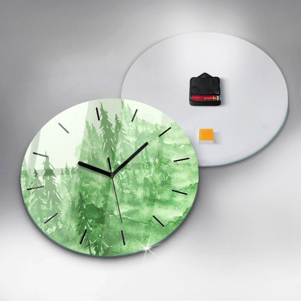 Round glass wall clock Painting green forest