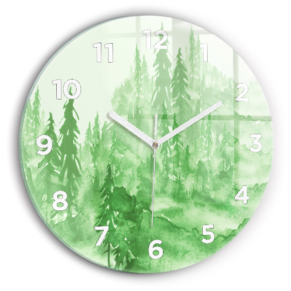 Round glass wall clock Painting green forest