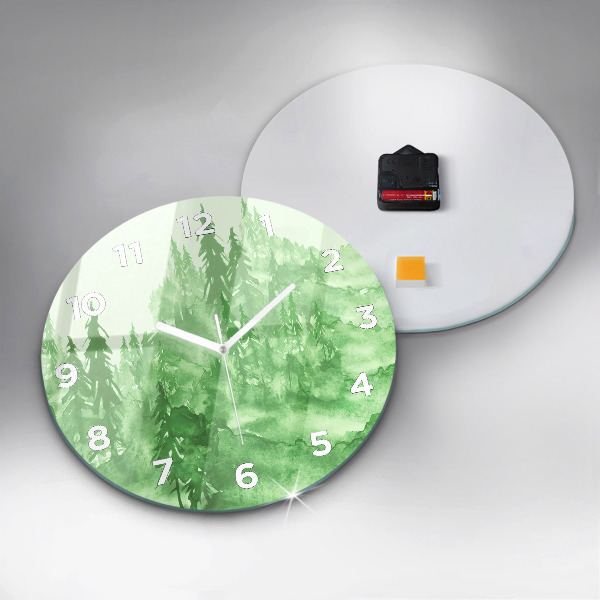 Round glass wall clock Painting green forest