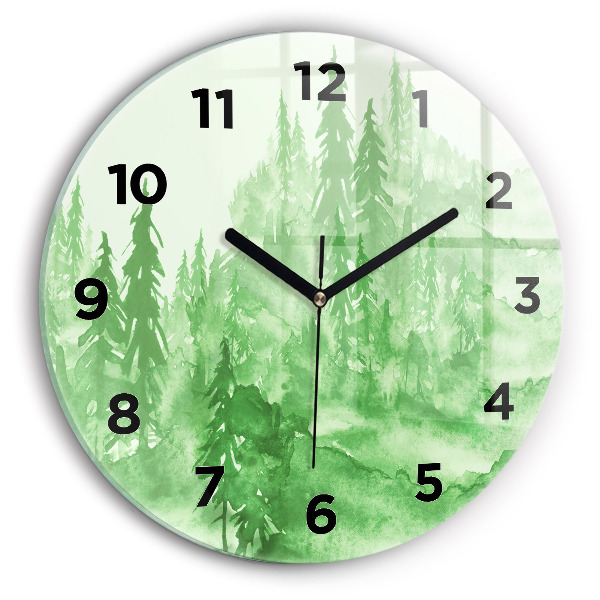 Round glass wall clock Painting green forest