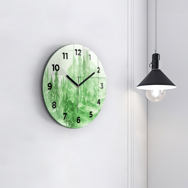 Round glass wall clock Painting green forest