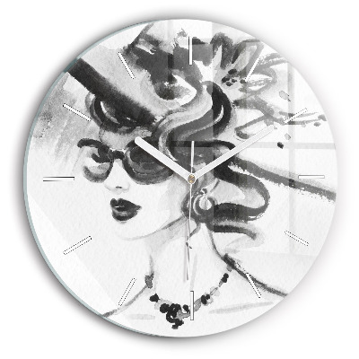 Round glass wall clock Fashionable woman