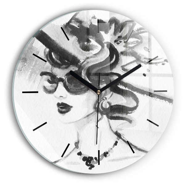 Round glass wall clock Fashionable woman