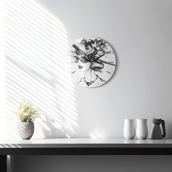 Round glass wall clock Fashionable woman