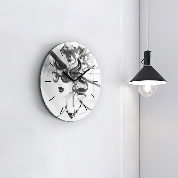 Round glass wall clock Fashionable woman