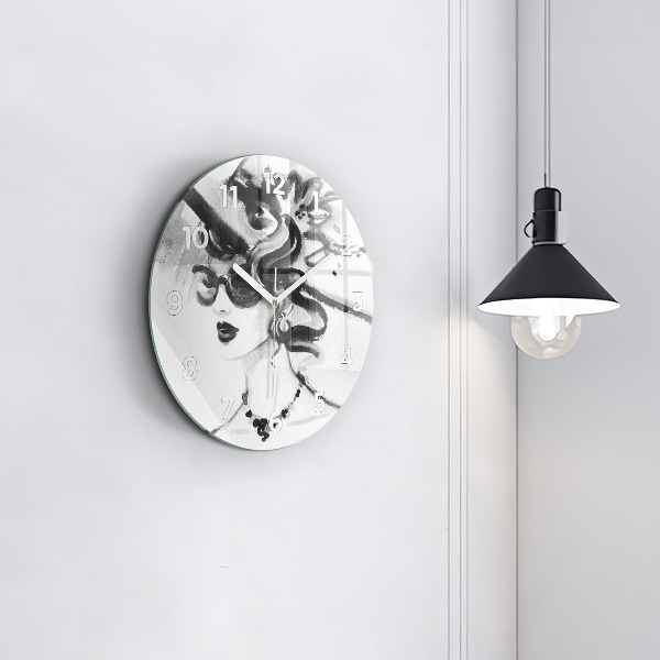 Round glass wall clock Fashionable woman