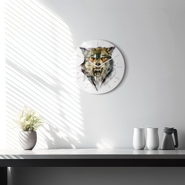 Round glass wall clock Drawn portrait of a wolf