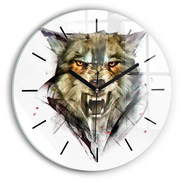 Round glass wall clock Drawn portrait of a wolf