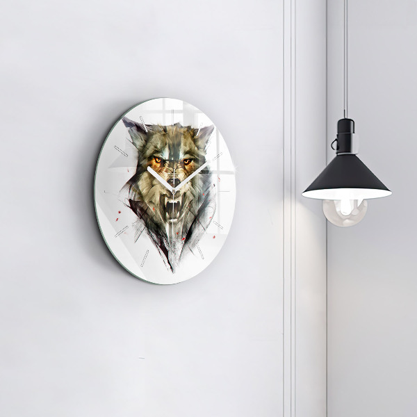 Round glass wall clock Drawn portrait of a wolf