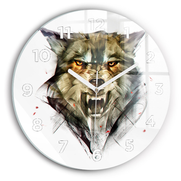 Round glass wall clock Drawn portrait of a wolf
