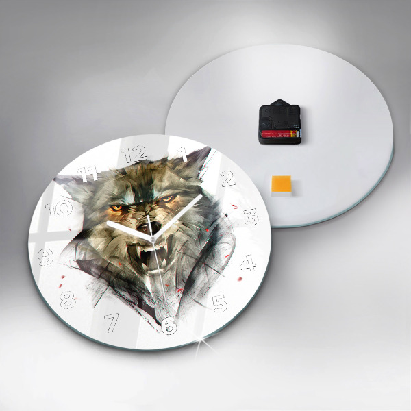 Round glass wall clock Drawn portrait of a wolf