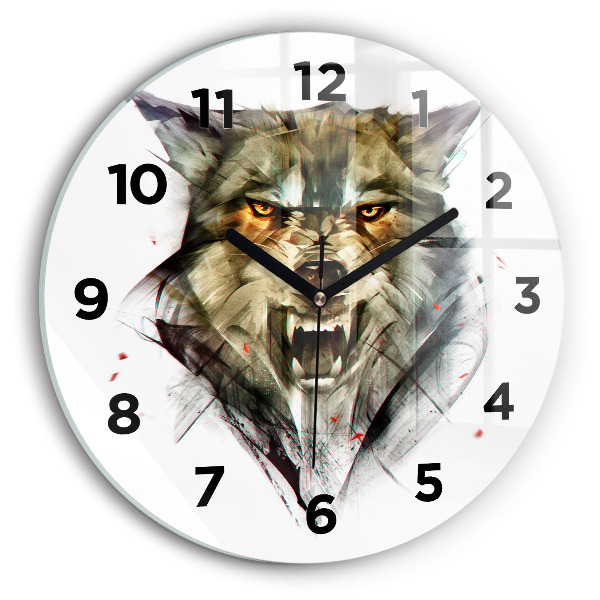 Round glass wall clock Drawn portrait of a wolf