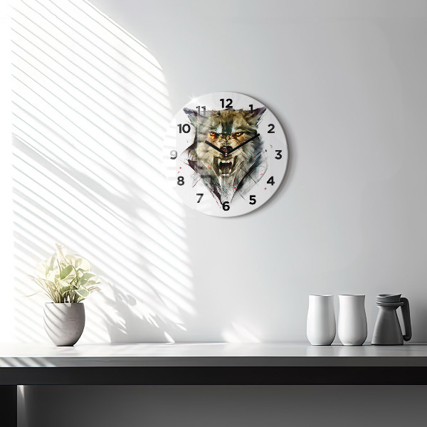 Round glass wall clock Drawn portrait of a wolf
