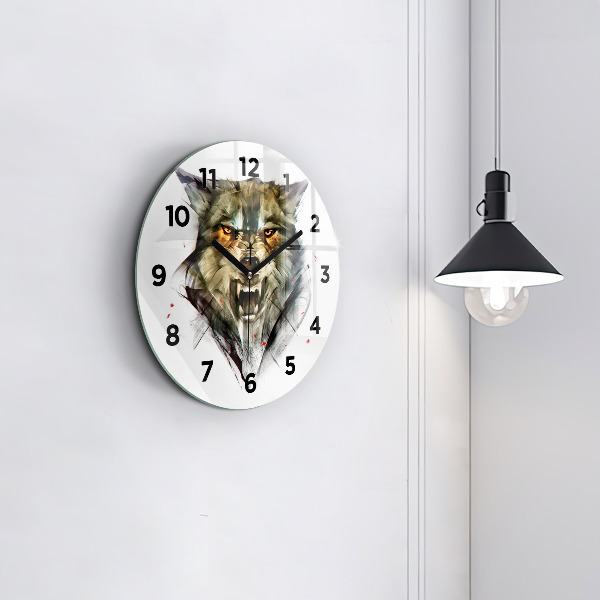 Round glass wall clock Drawn portrait of a wolf