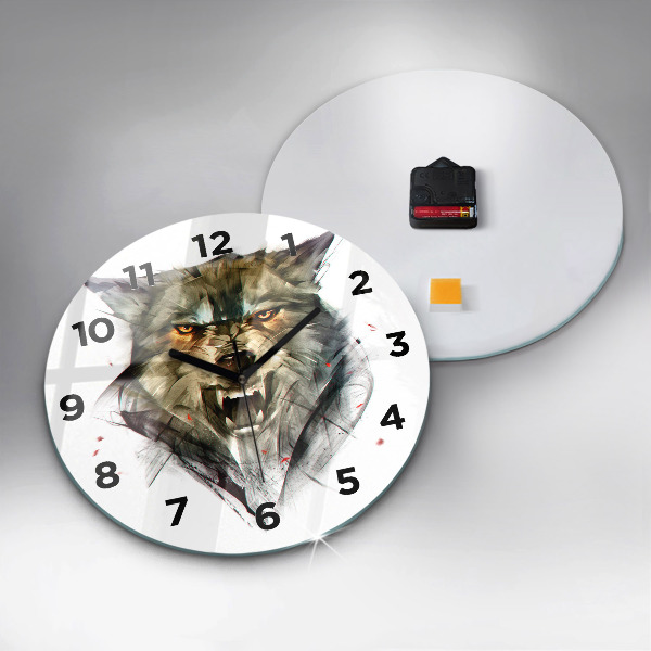 Round glass wall clock Drawn portrait of a wolf