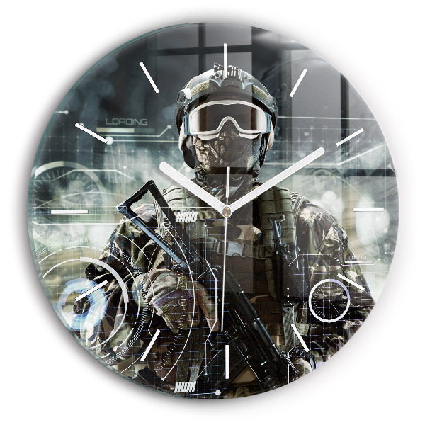 Round glass wall clock Soldier with a gun