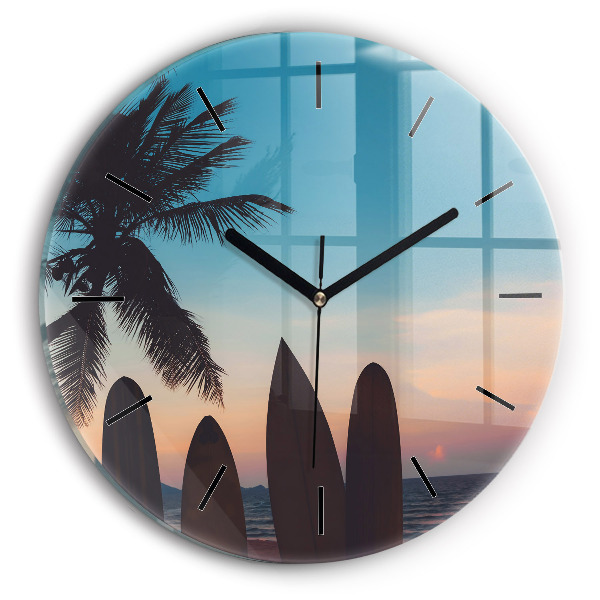 Round glass wall clock Surfing on the beach