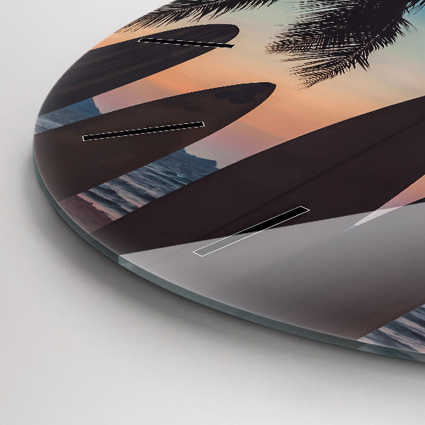 Round glass wall clock Surfing on the beach