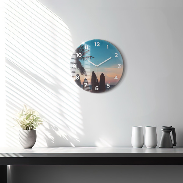 Round glass wall clock Surfing on the beach