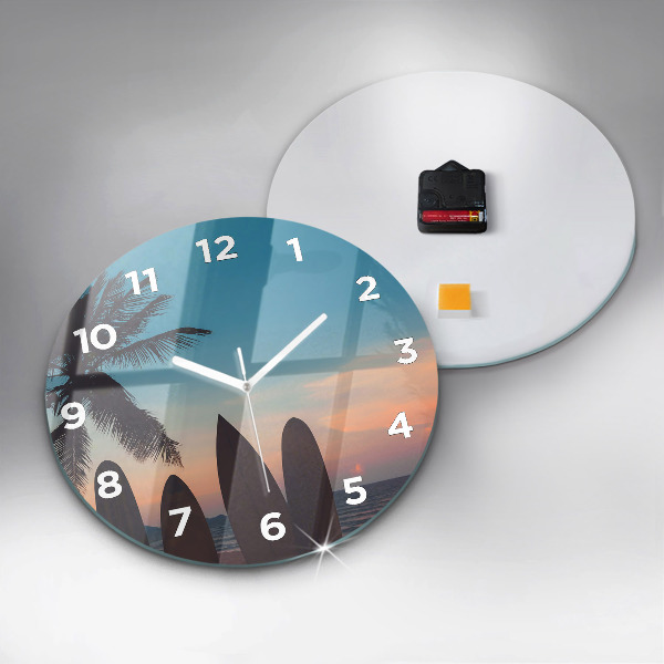 Round glass wall clock Surfing on the beach