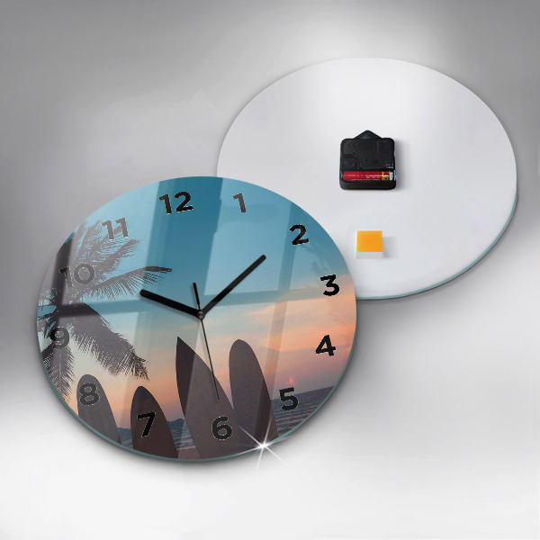Round glass wall clock Surfing on the beach