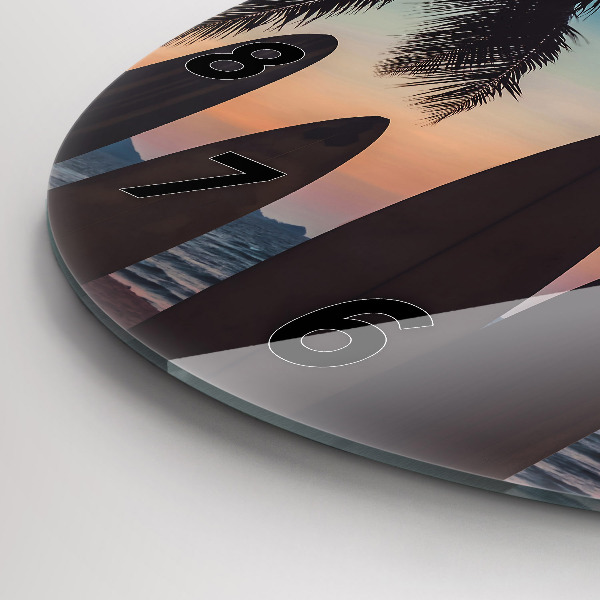 Round glass wall clock Surfing on the beach