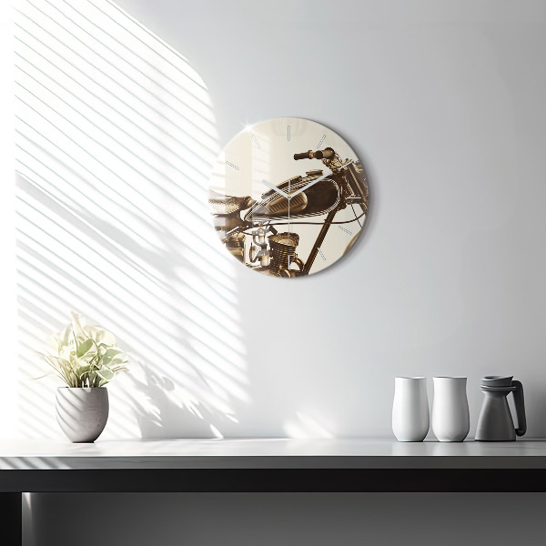 Round glass wall clock Vintage Motorcycle Sepia