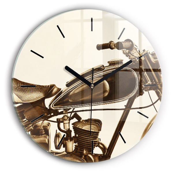 Round glass wall clock Vintage Motorcycle Sepia