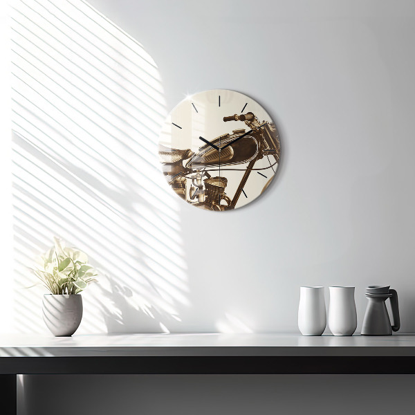 Round glass wall clock Vintage Motorcycle Sepia