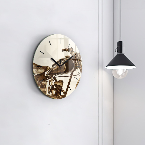 Round glass wall clock Vintage Motorcycle Sepia