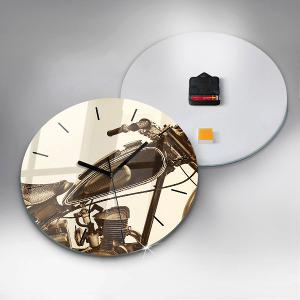 Round glass wall clock Vintage Motorcycle Sepia