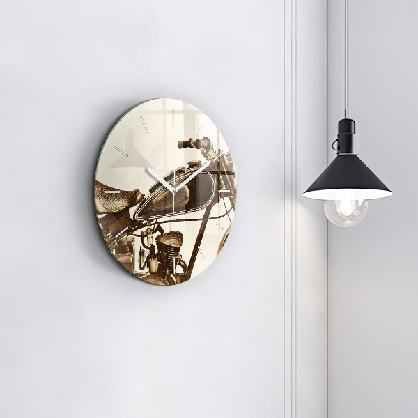 Round glass wall clock Vintage Motorcycle Sepia