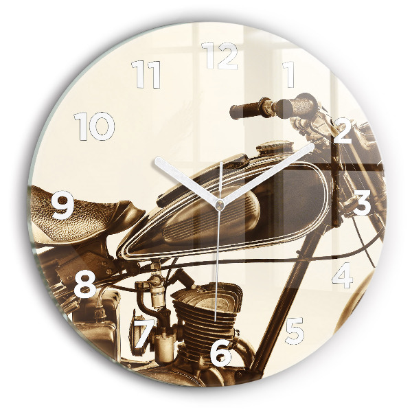 Round glass wall clock Vintage Motorcycle Sepia