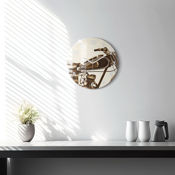 Round glass wall clock Vintage Motorcycle Sepia