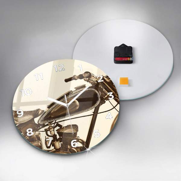 Round glass wall clock Vintage Motorcycle Sepia