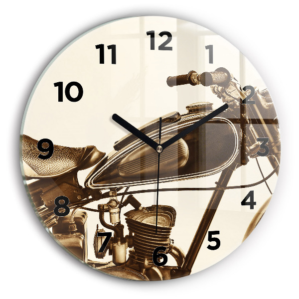 Round glass wall clock Vintage Motorcycle Sepia
