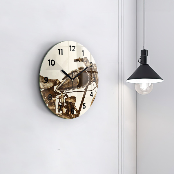 Round glass wall clock Vintage Motorcycle Sepia