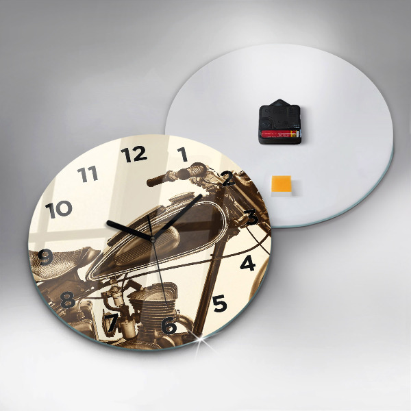 Round glass wall clock Vintage Motorcycle Sepia