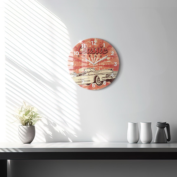 Round glass wall clock Vintage Retro car