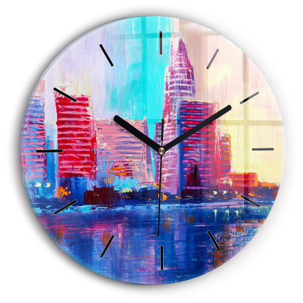 Round glass wall clock Skyscraper abstraction