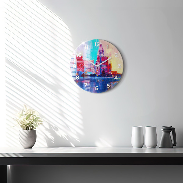 Round glass wall clock Skyscraper abstraction