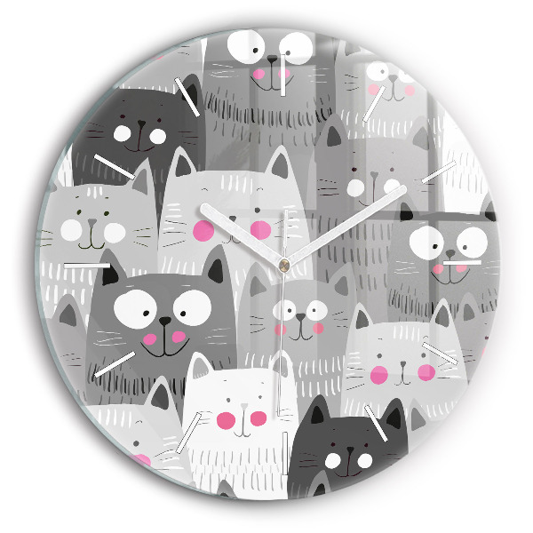 Round glass wall clock Pattern with cats