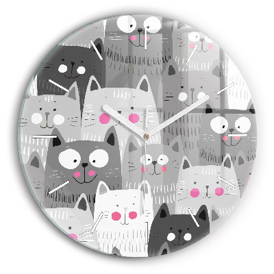 Round glass wall clock Pattern with cats