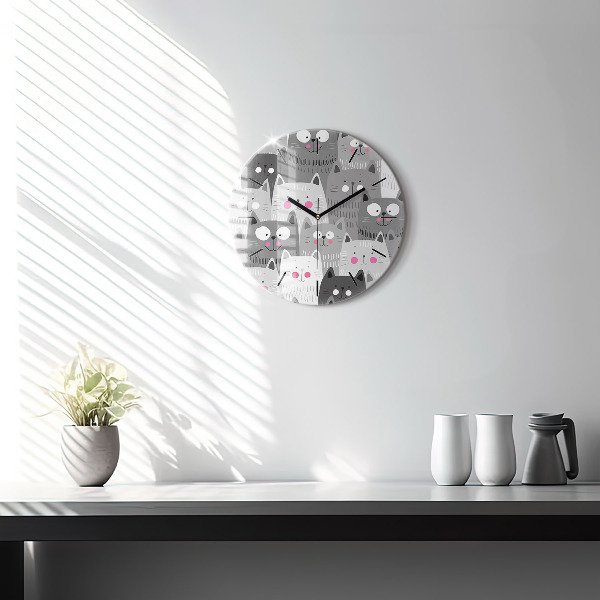 Round glass wall clock Pattern with cats