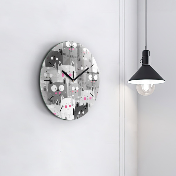 Round glass wall clock Pattern with cats