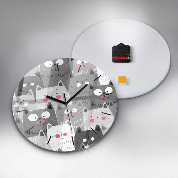 Round glass wall clock Pattern with cats