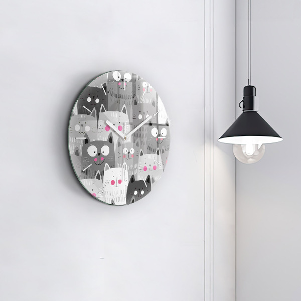 Round glass wall clock Pattern with cats
