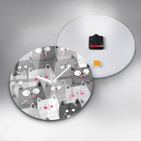 Round glass wall clock Pattern with cats
