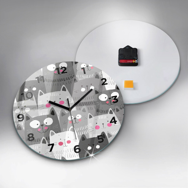 Round glass wall clock Pattern with cats