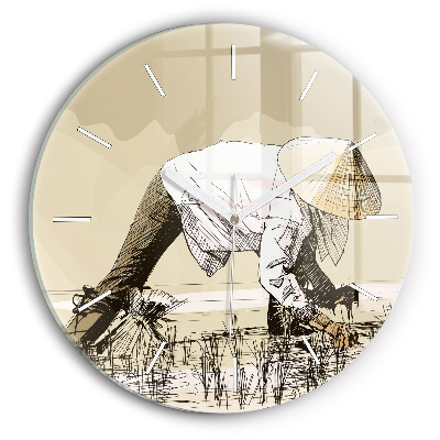 Round glass wall clock Woman picking rice